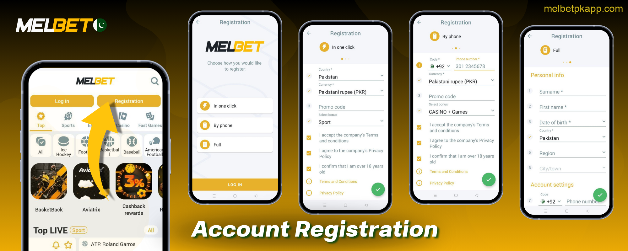 Pakistani users can create an account on the Melbet app in several ways