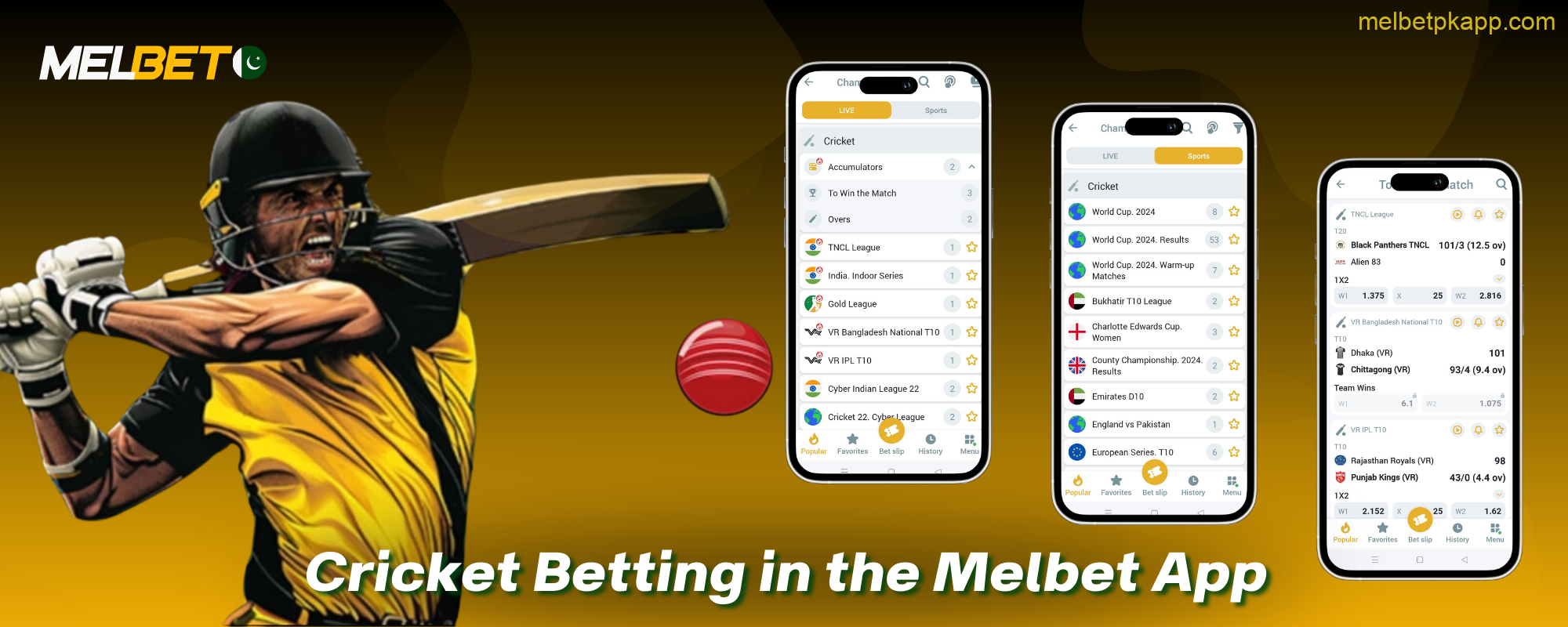 Users from Pakistan can place bets on cricket in the Melbet app