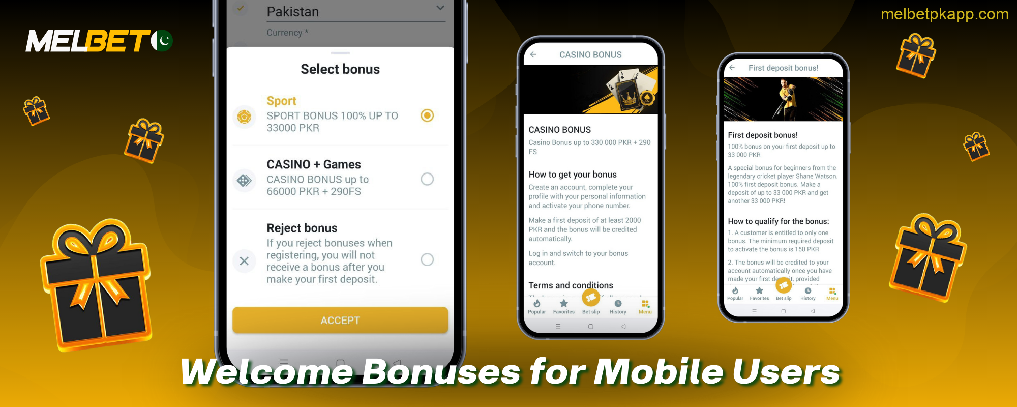 New users from Pakistan receive welcome bonuses in the Melbet app